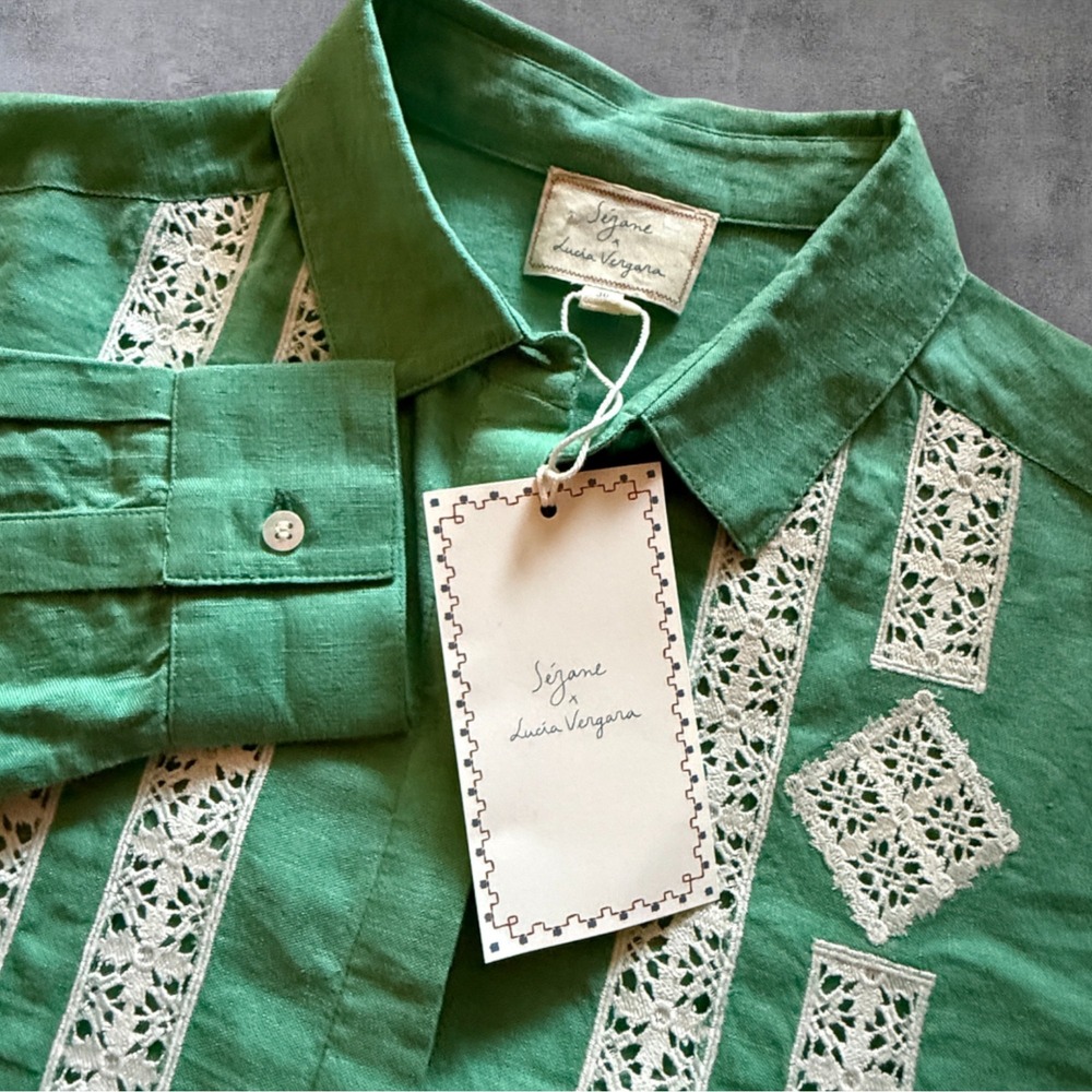 Sézane X Lucia Vergara Green Linen Embroidered Cottagecore Blouse Avant Garde - Picture 10 of 13